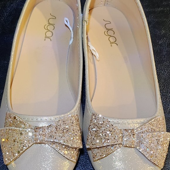 Girls Champagne Gold Shimmer Ballet Flats With Glitter Sparkle/Bows Sugar Size 3 - Picture 7 of 10